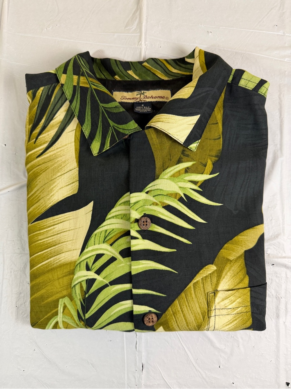 Tommy Bahama Black Hawaiian Shirt with Green and Yellow Leaf Print 100% Silk